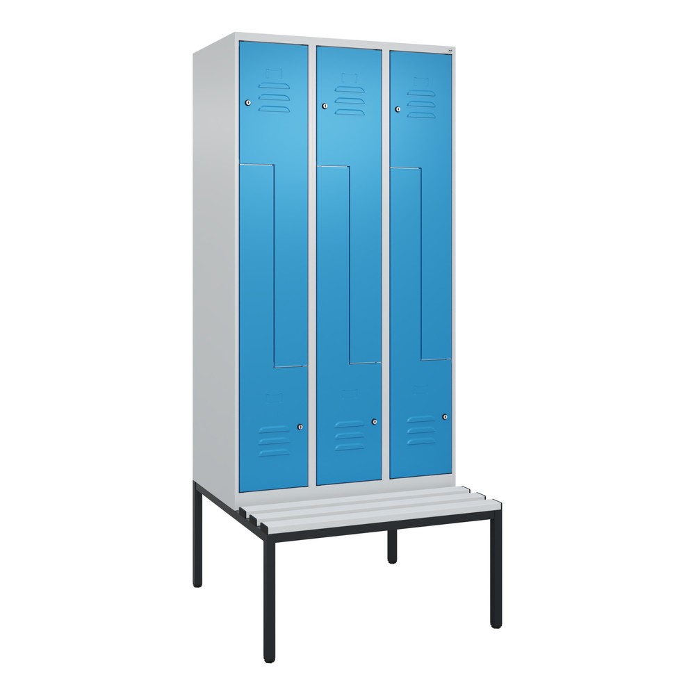 Produktabbildung: C+P Z-Spind Classic PLUS, 6 Abteile, HxBxT 2.120 x 900 x 815 mm, Zylinderschloss, untergebaute Bank aus Kunststoff, lichtgrau, lichtblau