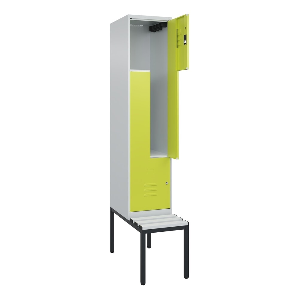 Produktabbildung: C+P Z-Spind Classic PLUS, 2 Abteile, HxBxT 2.120 x 400 x 815 mm, Zylinderschloss, untergebaute Bank aus Kunststoff, lichtgrau, clowngrün