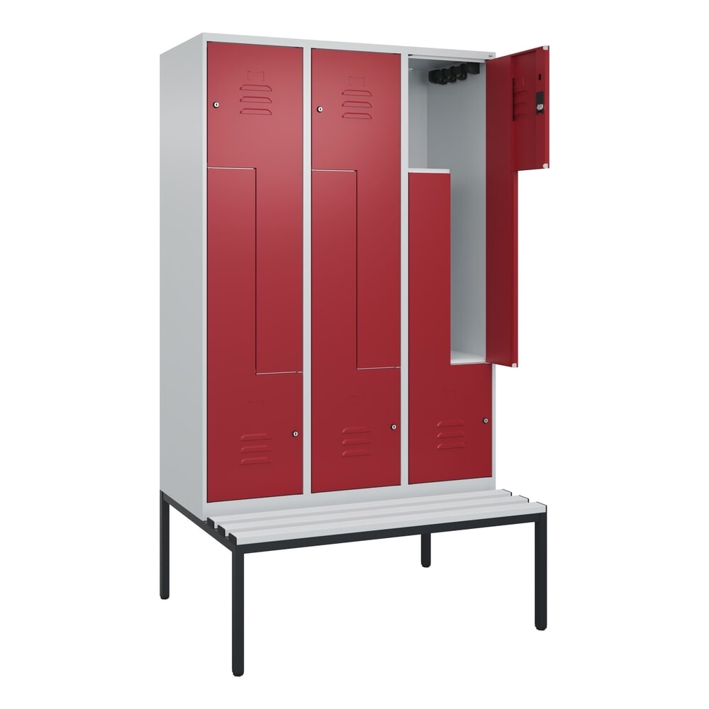 Produktabbildung: C+P Z-Spind Classic PLUS, 6 Abteile, HxBxT 2.120 x 1.200 x 815 mm, Zylinderschloss, untergebaute Bank aus Kunststoff, lichtgrau, rubinrot