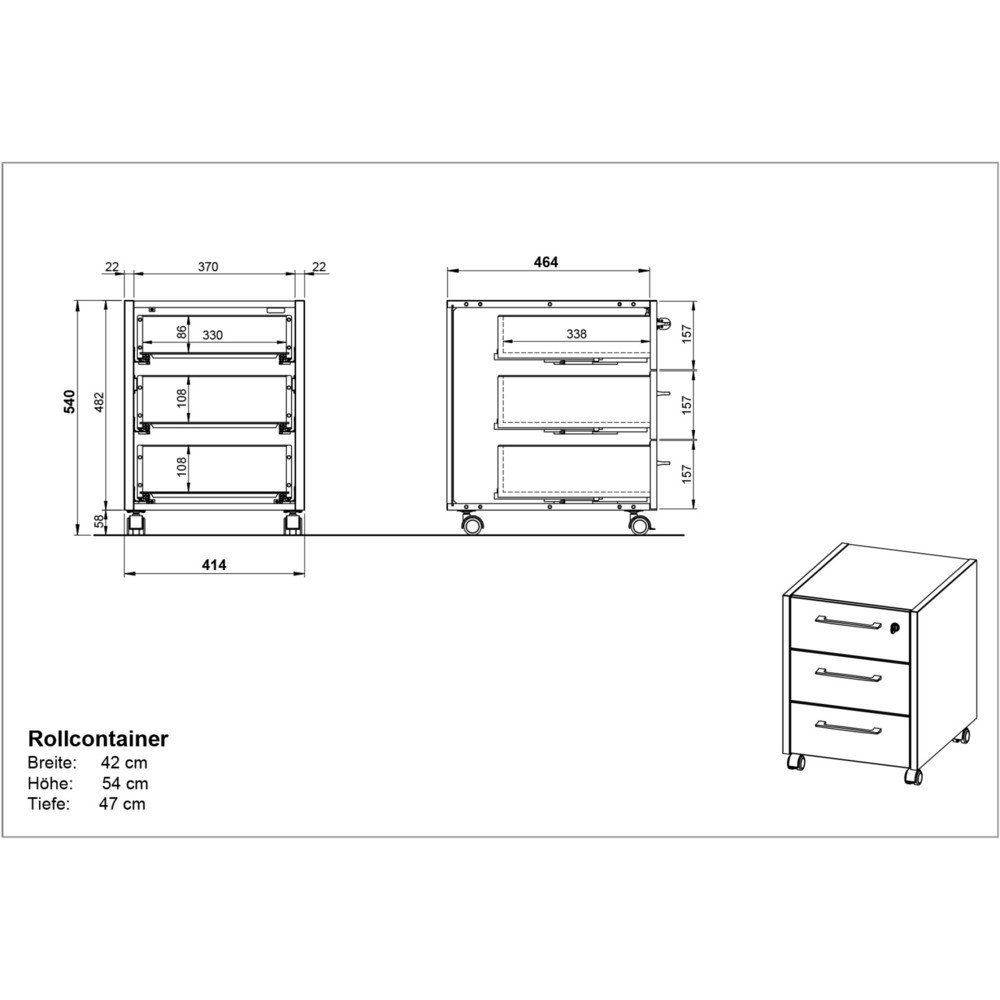 Produktabbildung Nr. 6: Caisson à roulettes PASADENA, 3 tiroirs, graphite/blanc
