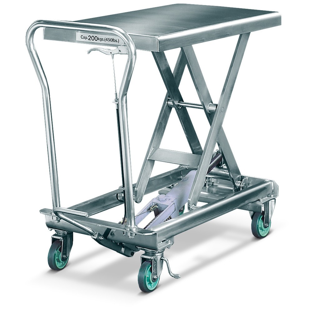 Illustration du produit: Chariot à table élévatrice à ciseaux en acier inoxydable Bishamon®, capacité de charge 100 kg, 700 x 450 mm