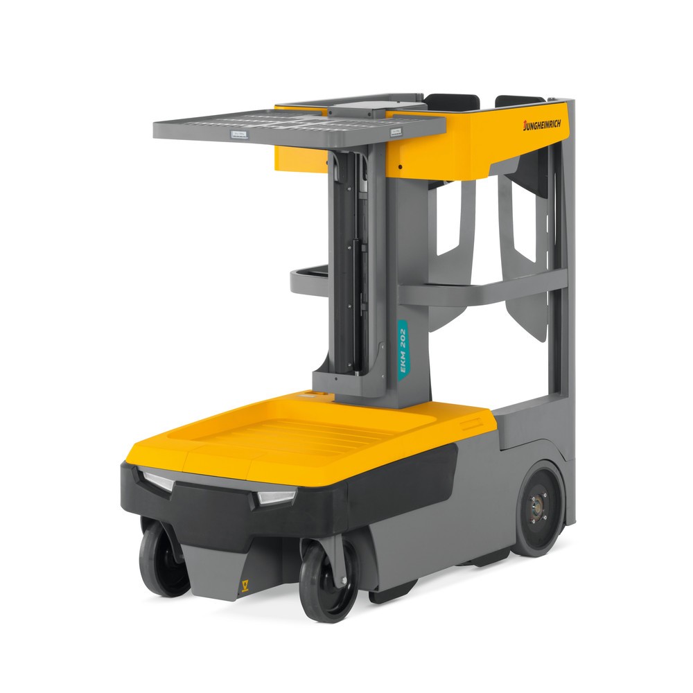 Illustration du produit: Chariot préparateur de commandes pour petites pièces Jungheinrich EKM 202, installation électrique, verrouillage de porte, avertisseur sonore élévation/descente, clignotants