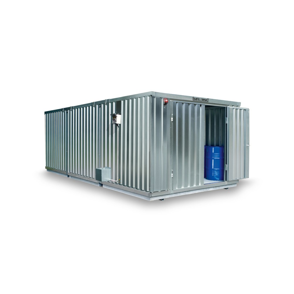 Illustration du produit: Combinaison de conteneurs pour substances dangereuses SAFE Tank 4000, ALG, galvanisés, prémontés, dimensions extérieures 5 380x4 340x2 300 mm, porte à doubles battants (division asymétrique), au milieu du côté long, surface de stockage 21 m²