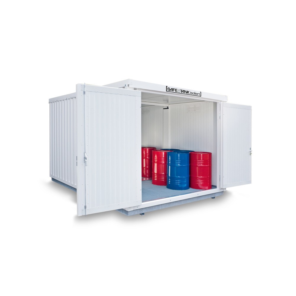 Illustration du produit: Combinaison de conteneurs pour substances dangereuses SAFE Tank 2500 WGK 1-3, isolés, prémontés, revêtement plastique RAL 9002, dimensions extérieures 4 050x4 340x2 510 mm, porte à doubles battants (division asymétrique), latéral dans le