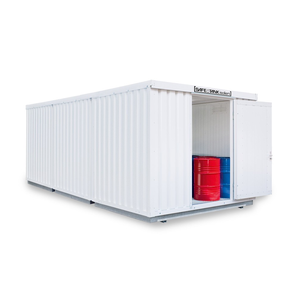 Illustration du produit: Combinaison de conteneurs pour substances dangereuses SAFE Tank 3500 WGK 1-3, isolés, prémontés, revêtement plastique RAL 9002, dimensions extérieures 4 050x6 510x2 520 mm, porte à un battant, latéral dans le côté de 2 m, surface de stockage