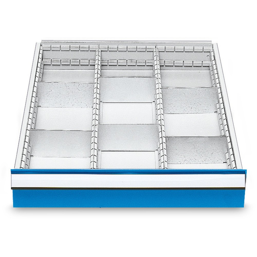 Illustration du produit: Compartimentage de tiroir métallique pour établis en ligne Bedrunka+Hirth, pour une hauteur de façade de 150 mm, 9 compartiments
