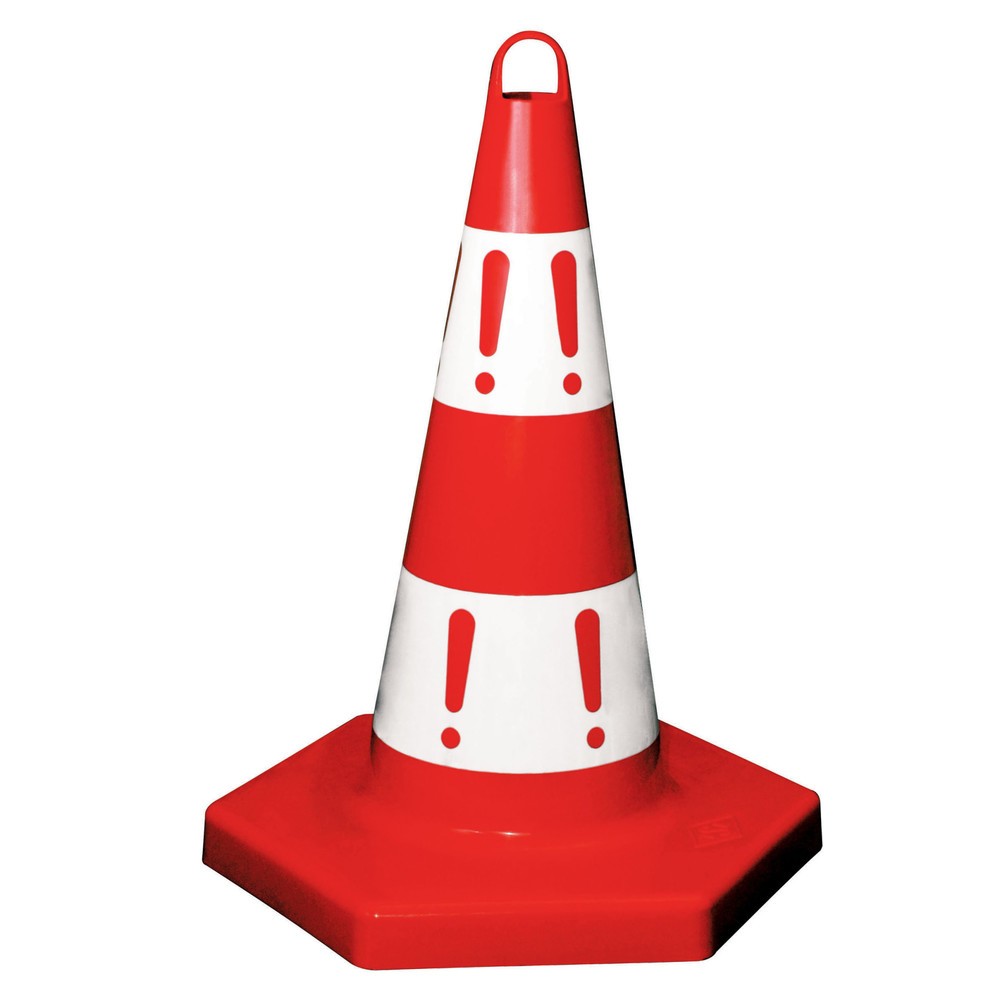 Illustration du produit: Cône de signalisation en PP, solide, hauteur de 500 mm, rouge/blanc, imprimé « ! »