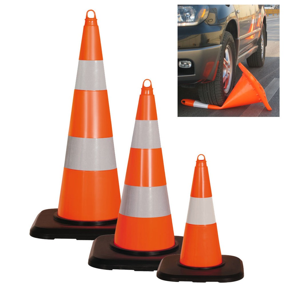 Illustration du produit: Cône de signalisation en PVC, pratiquable, rétroréfléchissant, hauteur de 500 mm, support sur pied noir