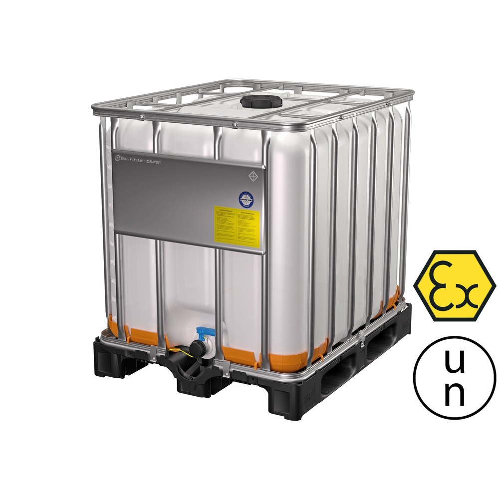 Illustration du produit: Conteneur IBC, sur palette en plastique, avec cadre en tube d’acier galvanisé, 1 000 litres, avec protection antidéflagrante