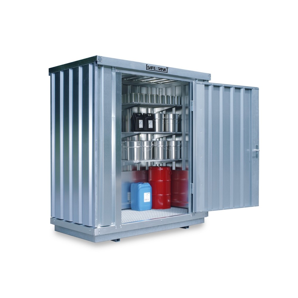 Illustration du produit: Combinaison de conteneurs pour substances dangereuses SAFE Tank 3500 WGK 1-3, isolés, prémontés, revêtement plastique RAL 9002, dimensions extérieures 2 100x1 440x2 300 mm, porte à un battant, au centre dans le côté de 2 m, surface de stockage