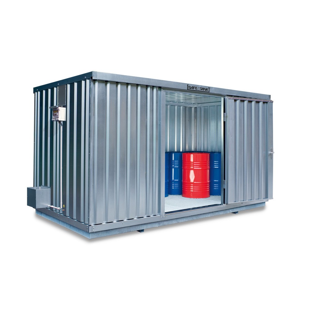 Illustration du produit: Conteneur pour substances dangereuses SAFE Tank 1000, installation à l'extérieur, ALG, galvanisé, monté, dimensions extérieures 3 350x2 170x2 350 mm, porte à doubles battants (division asymétrique), au centre du côté de 3 m, porte