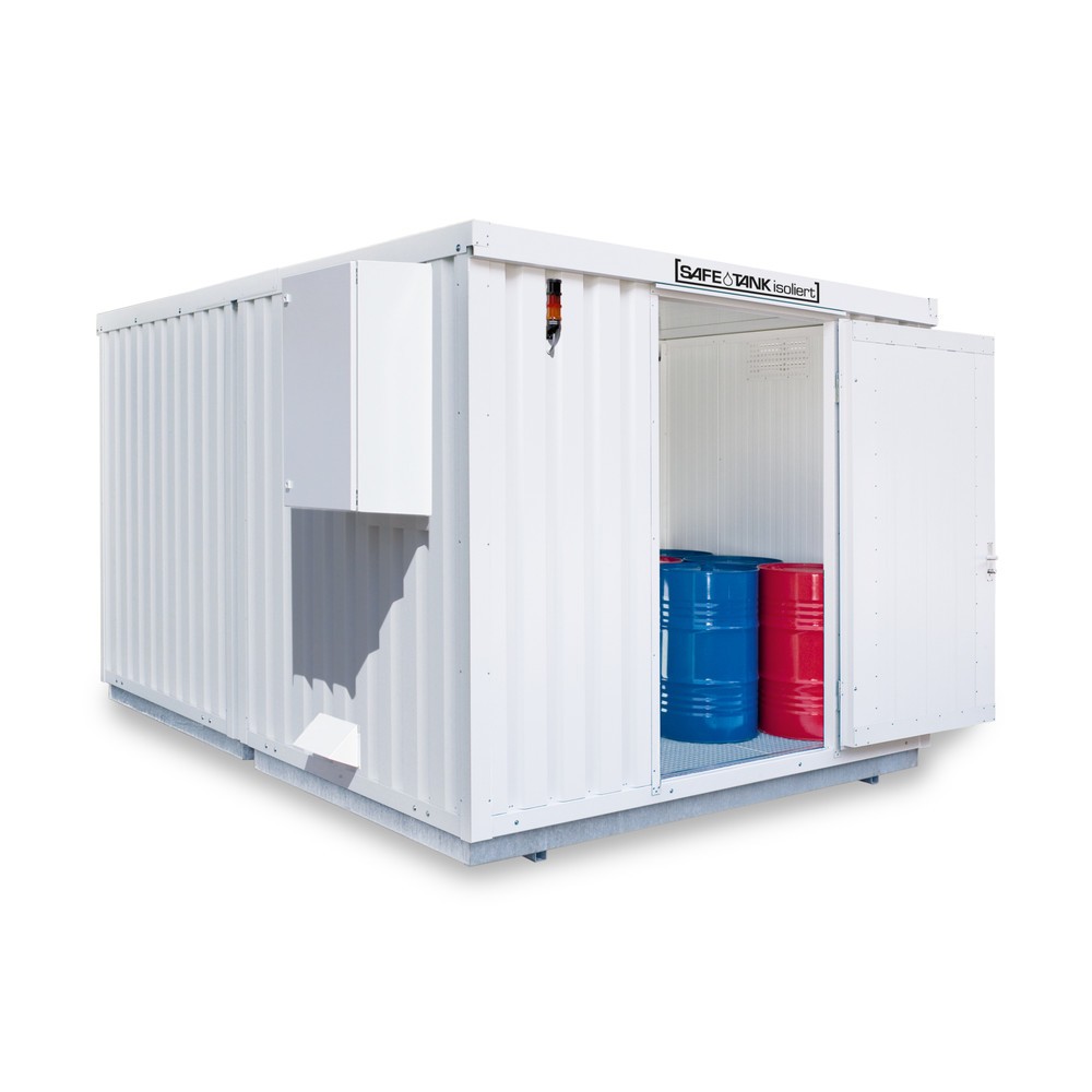 Illustration du produit: Conteneur pour substances dangereuses SAFE Tank 1900 isolé CONTROL, dispositif antidéflagrant automatisé pour une efficacité énergétique et une sécurité maximales, dimensions extérieures 3 350x4 340x2 560 mm, porte à un battant, au centre du