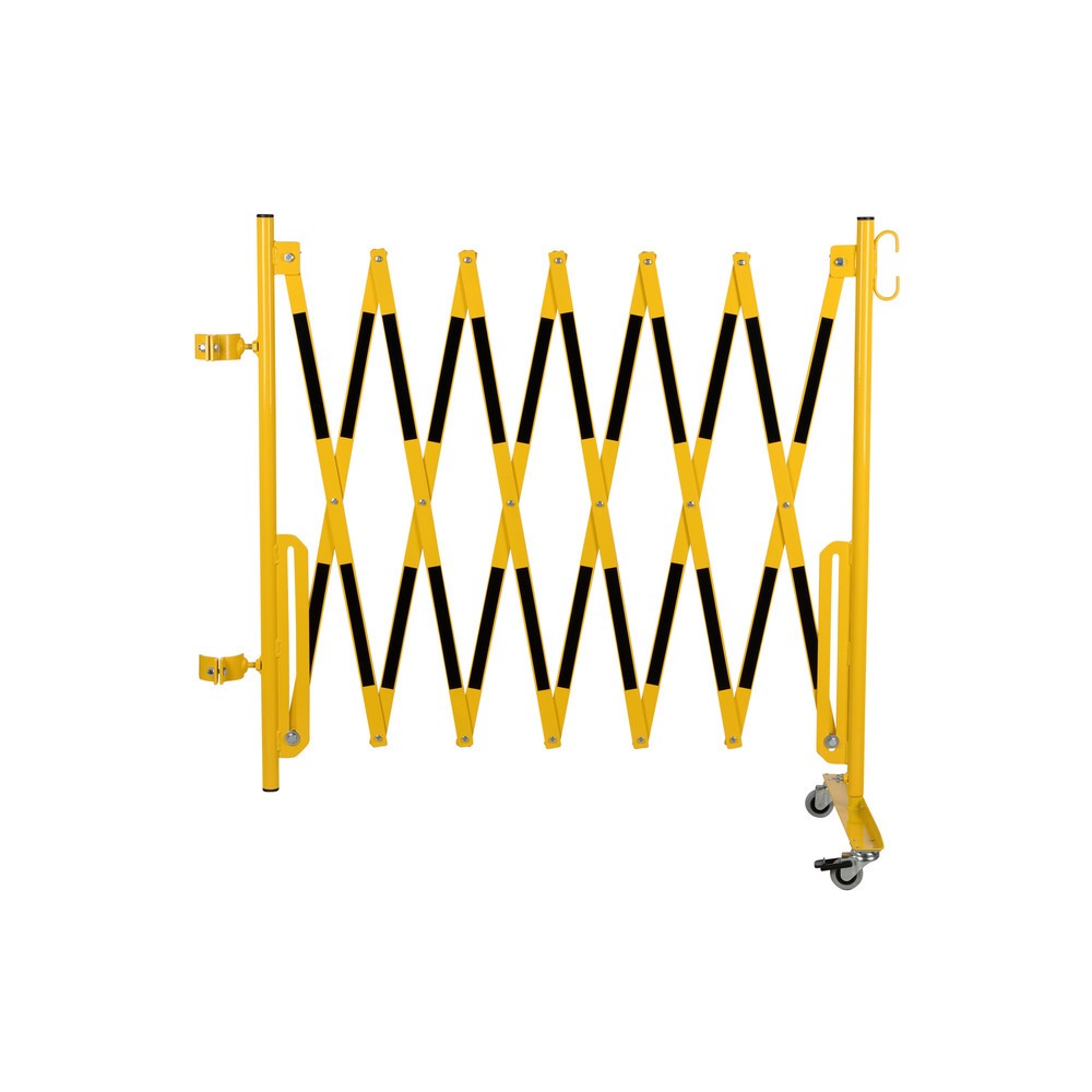 Produktabbildung: dancop Scherengitter, 1 Rollenfuss, 1 Pfostenbefestigung für Ø 60 mm, Breite 3.600 mm, gelb/schwarz