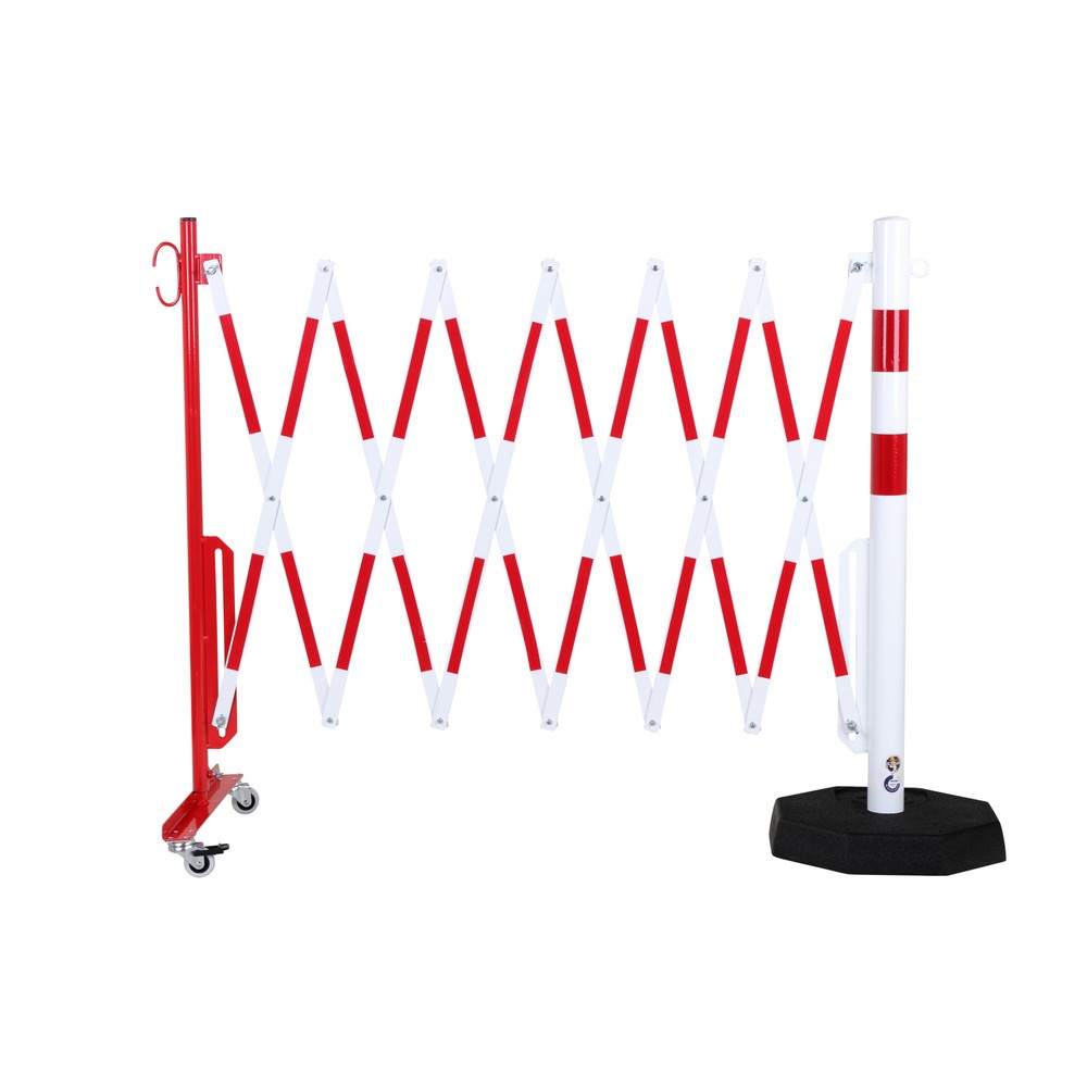 Produktabbildung: dancop Scherengitter, 1 Rollenfuss, 1 Standpfosten, Breite 3.600 mm, rot/weiss
