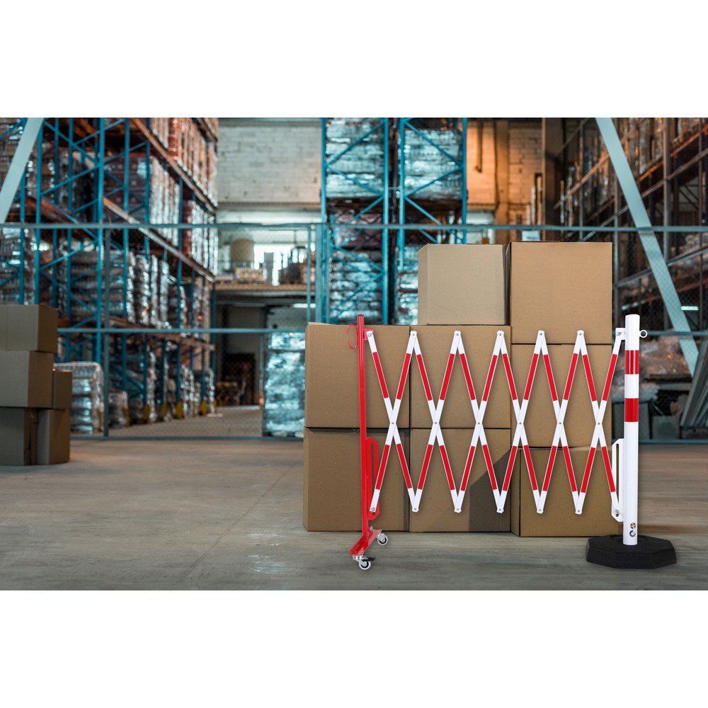 Produktabbildung Nr. 4: dancop Scherengitter, 1 Rollenfuss, 1 Standpfosten, Breite 3.600 mm, rot/weiss