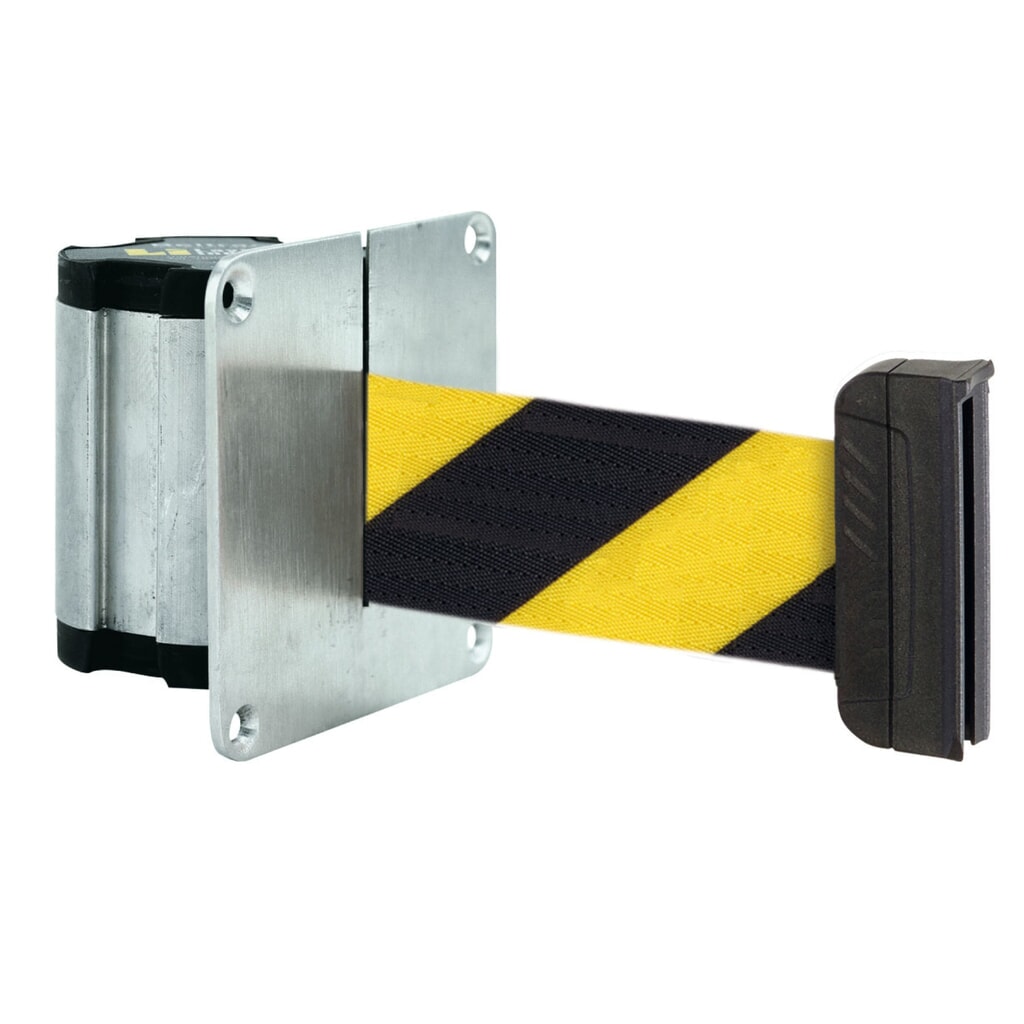 Absperr-Wandgurt M mit magnetischem Endstück, Länge 2,3 m, schwarz / gelb diagonal gestreift Produktabbildung: Absperr-Wandgurt M mit magnetischem Endstück, Länge 2,3 m, schwarz / gelb diagonal gestreift