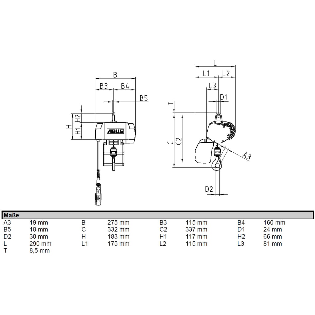 Produktabbildung Nr. 2: ABUS Elektrokettenzug GMC, stationär, TK 125 kg, 3 m Hakenweg