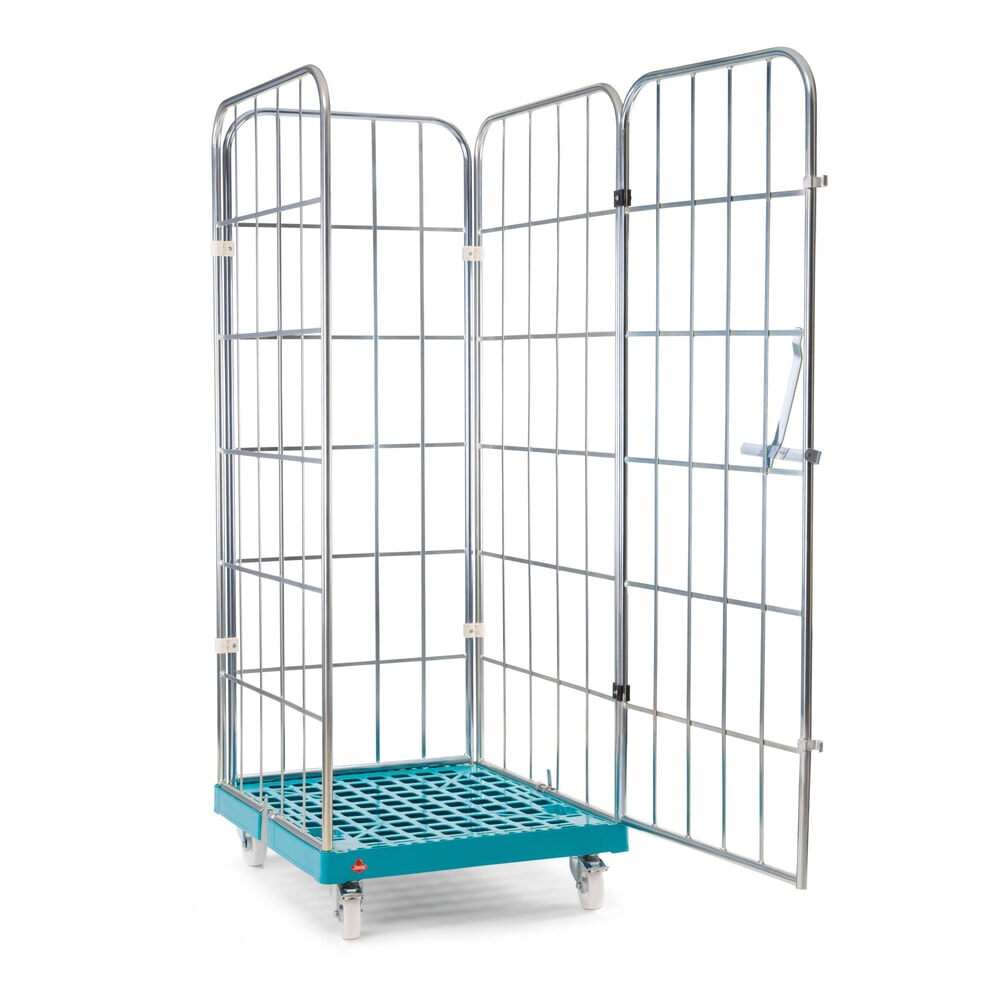 Produktabbildung: Ameise® Rollbehälter, 4-seitig, grobmaschig, galvanisch verzinkt, Kunststoff-Rollplatte, HxBxT 1.640 x 724 x 815 mm, mit einteiliger, schwenkbarer Vorderwand
