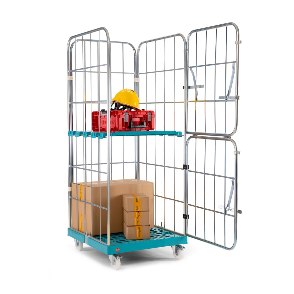 Produktabbildung Nr. 4: Ameise® Rollbehälter, 4-seitig, grobmaschig, galvanisch verzinkt, Kunststoff-Rollplatte, HxBxT 1.640 x 724 x 815 mm, mit zweiteiliger, klappbarer Vorderwand