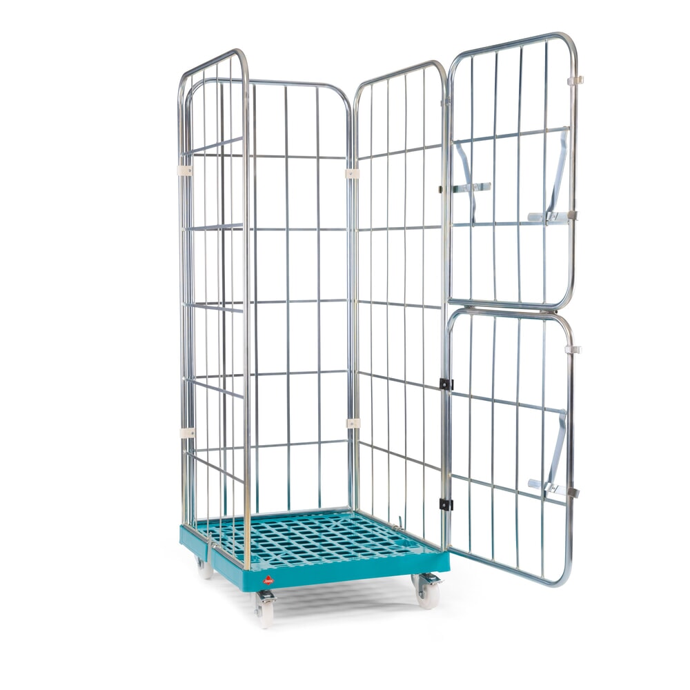 Produktabbildung: Ameise® Rollbehälter, 4-seitig, grobmaschig, galvanisch verzinkt, Kunststoff-Rollplatte, HxBxT 1.640 x 724 x 815 mm, mit zweiteiliger, klappbarer Vorderwand