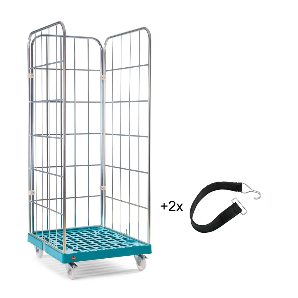 Produktabbildung: Ameise® Rollbehälter ARB1, 3-seitig, galvanisch verzinkt, Kunststoff-Rollplatte, HxBxT 1.640 x 724 x 815 mm, inkl. 2 Gurten