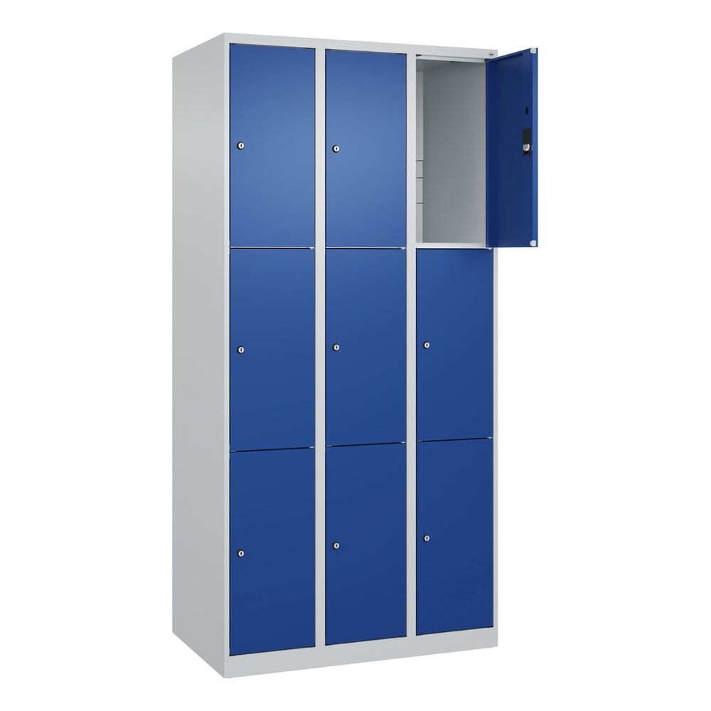 Produktabbildung: C+P Schliessfachschrank Classic PLUS, 3 Abteile, HxBxT 1.850 x 900 x 500 mm, lichtgrau, enzianblau, 9 Fächer, Zylinderschloss