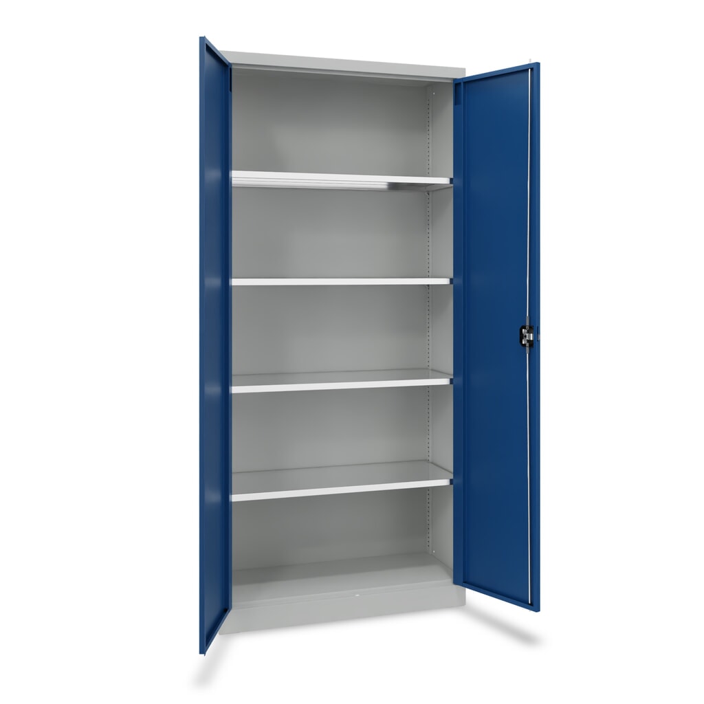 Steinbock® Flügeltürenschrank mit verzinkten Fachböden, HxBxT 1950 x 890 x 415 mm, lichtgrau/enzianblau Produktabbildung: Steinbock® Flügeltürenschrank mit verzinkten Fachböden, HxBxT 1950 x 890 x 415 mm, lichtgrau/enzianblau