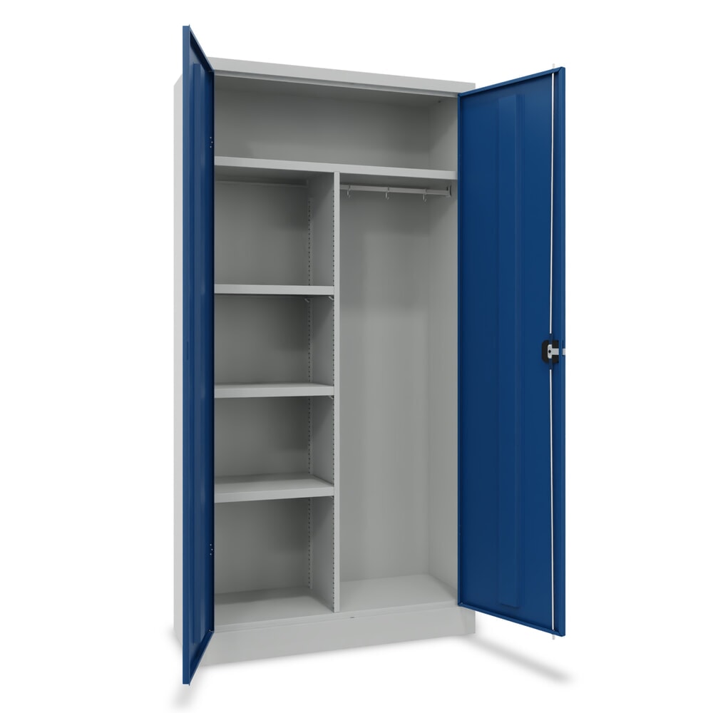 Produktabbildung: PAVOY Flügeltürenschrank mit Hutboden, Trennwand, pulverbeschichteten Fachböden und Kleiderstange, HxBxT 1950 x 1000 x 400 mm, lichtgrau/enzianblau
