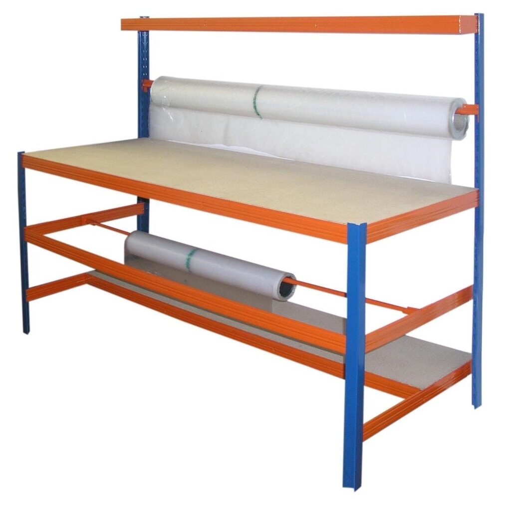 Packtisch mit Rollenhalter, robuste Spanplatte, Tragkraft 300 kg Produktabbildung: Packtisch mit Rollenhalter, robuste Spanplatte, Tragkraft 300 kg