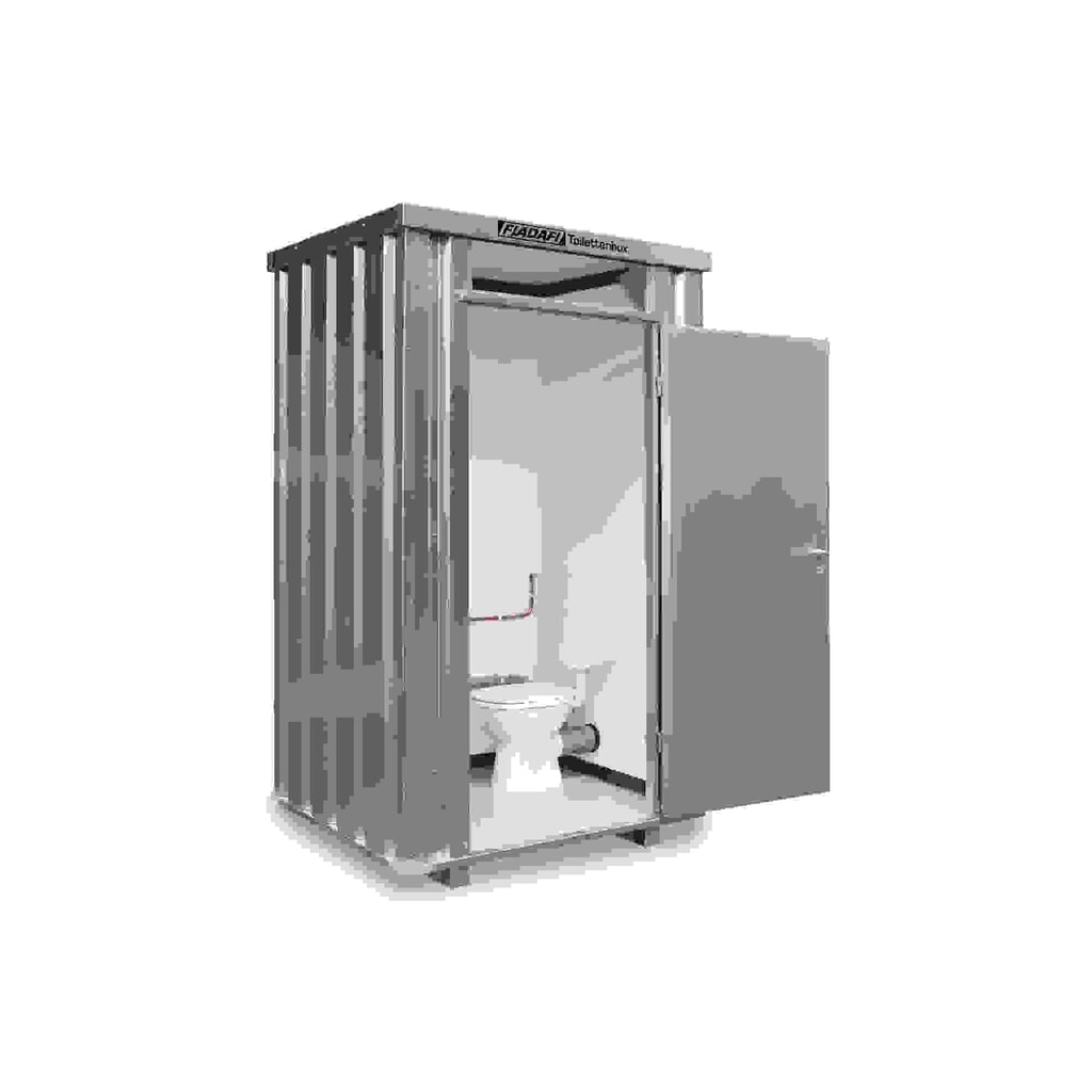 FLADAFI® Toilettenbox, verzinkt, montiert, mit Einrichtung, Einflügeltür, mittig in Breitseite Produktabbildung Nr. 1: FLADAFI® Toilettenbox, verzinkt, montiert, mit Einrichtung, Einflügeltür, mittig in Breitseite