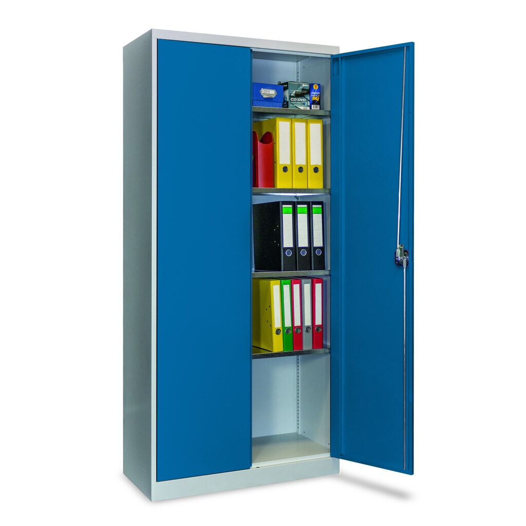 Steinbock® Flügeltürenschrank mit verzinkten Fachböden, HxBxT 1950 x 890 x 415 mm, lichtgrau/enzianblau Produktabbildung Nr. 4: Steinbock® Flügeltürenschrank mit verzinkten Fachböden, HxBxT 1950 x 890 x 415 mm, lichtgrau/enzianblau