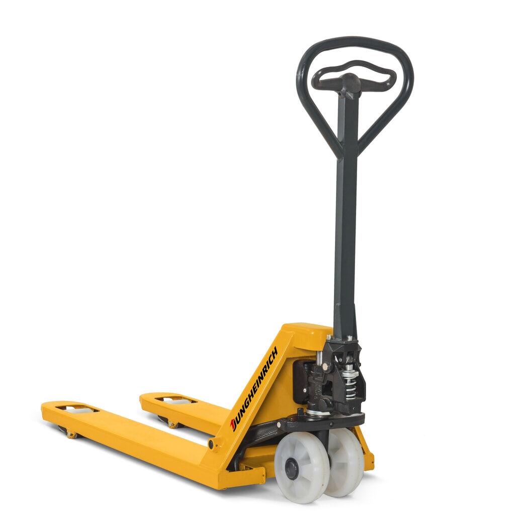 Jungheinrich Handhubwagen AM 20, Tragfähigkeit 2000 kg, ergonomische Bedienbarkeit, Nylon-Lenkräder, Nylon-Gabelrollen, Einfachbereifung Produktabbildung: Jungheinrich Handhubwagen AM 20, Tragfähigkeit 2000 kg, ergonomische Bedienbarkeit, Nylon-Lenkräder, Nylon-Gabelrollen, Einfachbereifung
