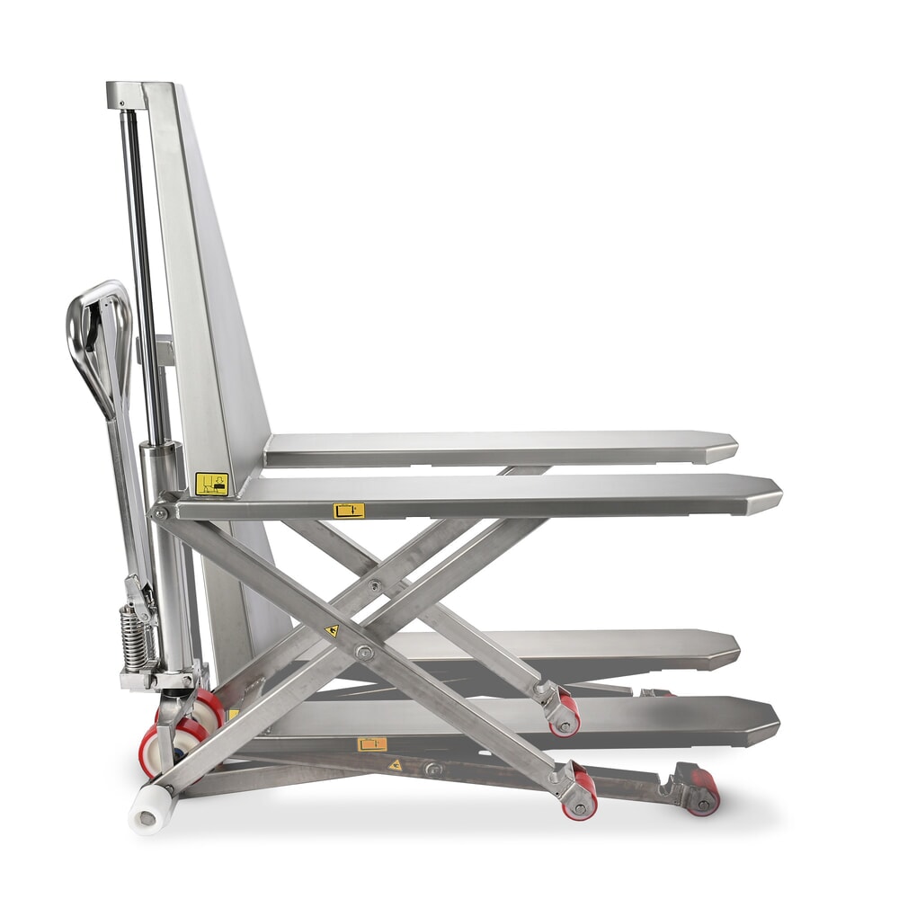 Produktabbildung: Edelstahl-Scherenhubwagen Ameise® PTM 1.0 Scissor INOX, Tragfähigkeit 1000 kg, elektrohydraulisch, Gabellänge 1200 mm, Nylon