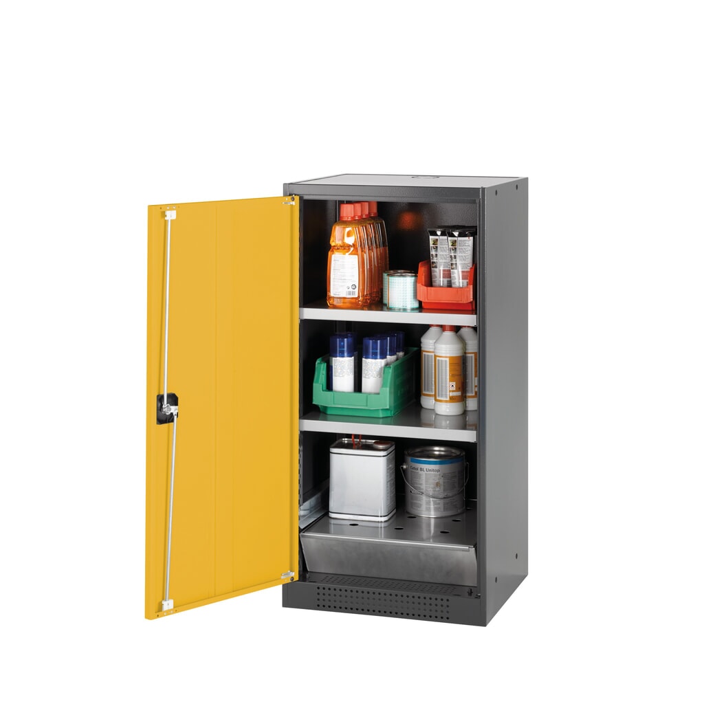 Produktabbildung: asecos® Chemikalienschrank CS-CLASSIC, mit Bodenauffangwanne mit Lochblech und 2 Fachböden, HxBxT 1.105 x 545 x 520 mm, goldgelb