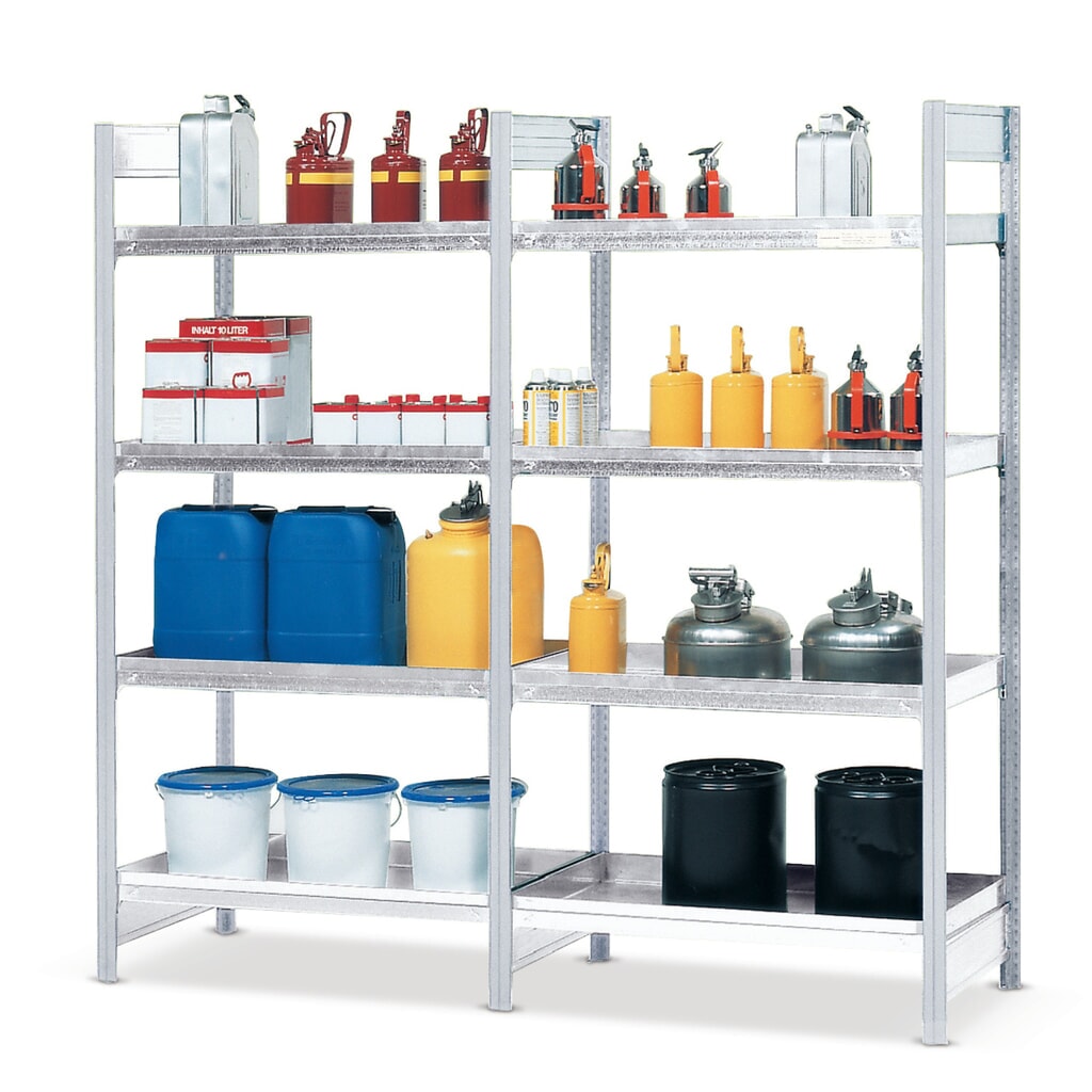 Produktabbildung: asecos® Gefahrstoffregal, für gewässergefährdende Flüssigkeiten, 4 Stahlwannen à 30 l, Grundfeld