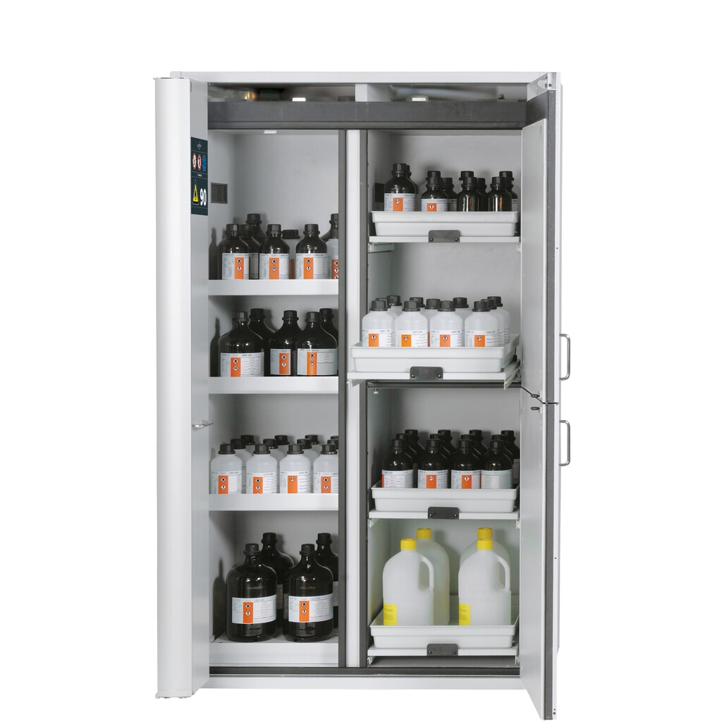 Produktabbildung: asecos® Kombi-Schrank K-PHOENIX-90, HxBxT 1.969 x 1.197 x 617 mm, Stahlblech: 3x Fachboden, 1x Lochblecheinsatz, 1x Bodenauffangwanne, 4x Tablarauszug mit PP-Wanne
