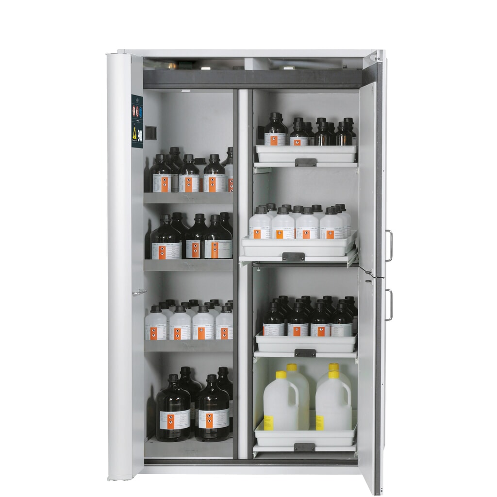 asecos® Kombi-Schrank K-PHOENIX-90, HxBxT 1.969 x 1.197 x 617 mm, Edelstahl: 3x Fachboden, 1x Lochblecheinsatz, 1x Bodenauffangwanne, 4x Tablarauszug mit PP-Wanne Produktabbildung: asecos® Kombi-Schrank K-PHOENIX-90, HxBxT 1.969 x 1.197 x 617 mm, Edelstahl: 3x Fachboden, 1x Lochblecheinsatz, 1x Bodenauffangwanne, 4x Tablarauszug mit PP-Wanne