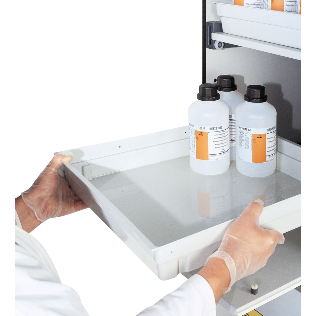 Produktabbildung Nr. 2: asecos® Kombi-Schrank K-PHOENIX-90, HxBxT 1.969 x 1.197 x 617 mm, Edelstahl: 3x Fachboden, 1x Lochblecheinsatz, 1x Bodenauffangwanne, 4x Tablarauszug mit PP-Wanne