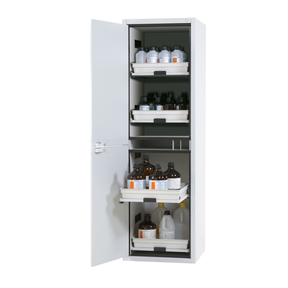 Produktabbildung: asecos® Säuren- u. Chemikalienschrank CLASSIC, HxBxT 1.965 x 597 x 603 mm, 4x Tablarauszug mit PP-Wanne, lichtgrau