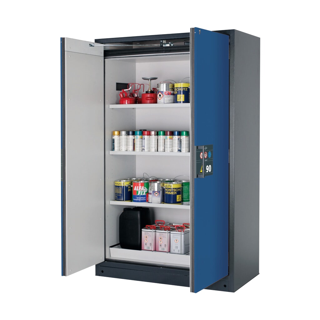 asecos® Brandschutzschrank Q-PEGASUS/Typ 90, 3 Fachböden, HxBxT 1.953 x 1.193 x 615 mm, enzianblau Produktabbildung: asecos® Brandschutzschrank Q-PEGASUS/Typ 90, 3 Fachböden, HxBxT 1.953 x 1.193 x 615 mm, enzianblau