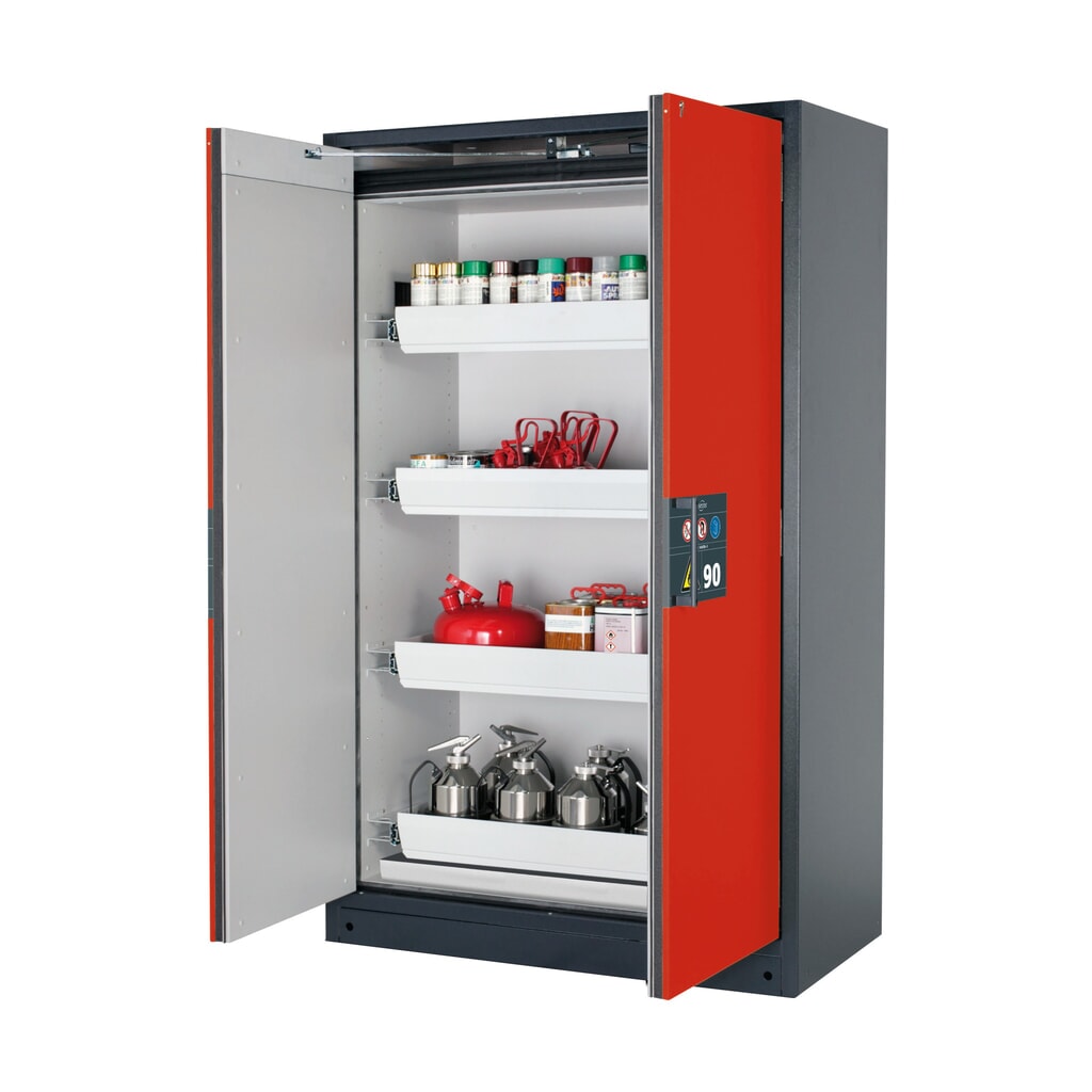 asecos® Brandschutzschrank Q-PEGASUS/Typ 90, 4 Auszugswannen, HxBxT 1.953 x 1.193 x 615 mm, verkehrsrot Produktabbildung: asecos® Brandschutzschrank Q-PEGASUS/Typ 90, 4 Auszugswannen, HxBxT 1.953 x 1.193 x 615 mm, verkehrsrot