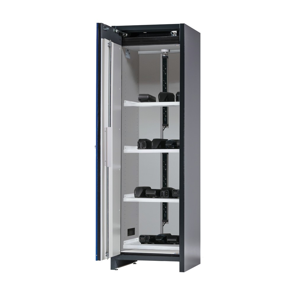 Produktabbildung: asecos® Sicherheitsschrank Typ 90 für Lithium-Ionen-Batterien ION-CORE-CHARGE, HxBxT 2224x599x615 mm, 4x gelochte Fachböden, 2x Steckdosenleiste (CH-Ausführung), 1x Bodenauffangwanne