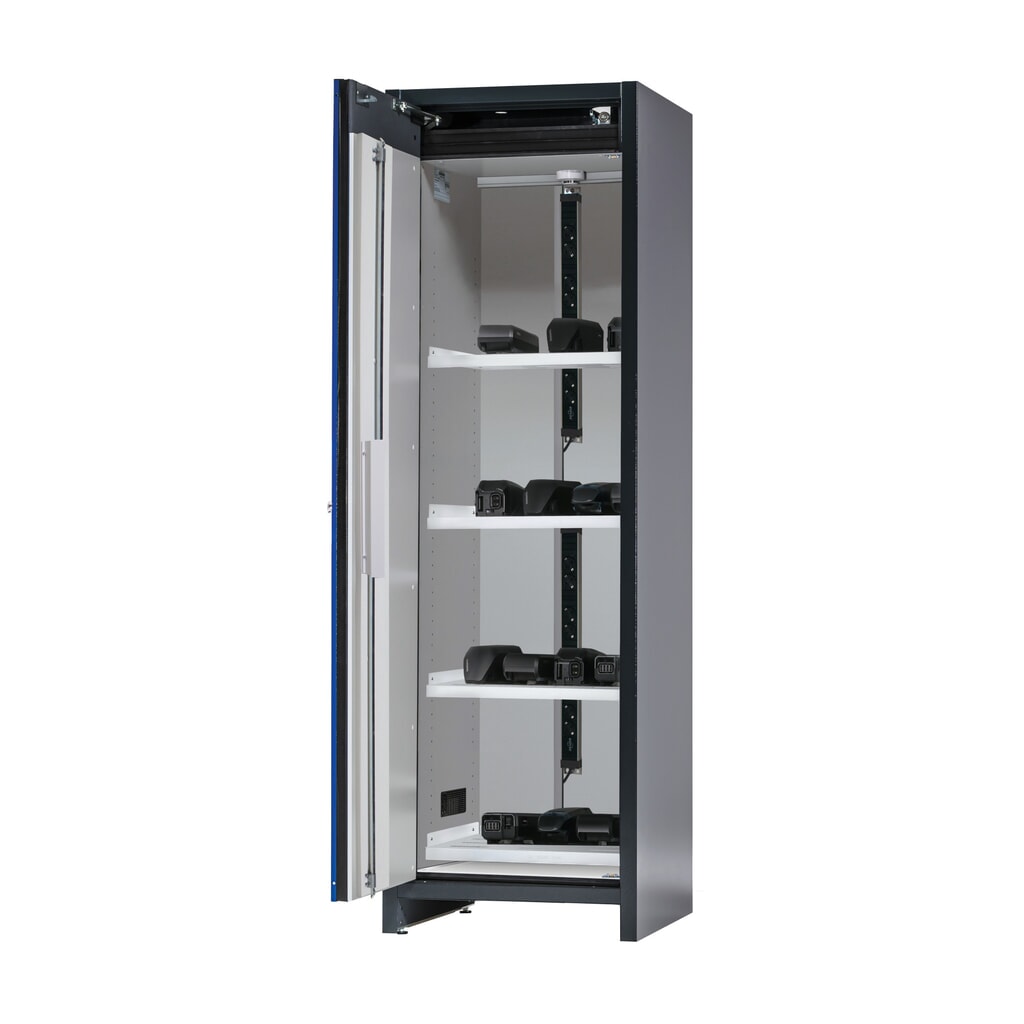 asecos® Sicherheitsschrank Typ 90 für Lithium-Ionen-Batterien ION-CORE-CHARGE, HxBxT 2224x599x615 mm, 4x gelochte Fachböden, 2x Steckdosenleiste (CH-Ausführung), 1x Bodenauffangwanne Produktabbildung: asecos® Sicherheitsschrank Typ 90 für Lithium-Ionen-Batterien ION-CORE-CHARGE, HxBxT 2224x599x615 mm, 4x gelochte Fachböden, 2x Steckdosenleiste (CH-Ausführung), 1x Bodenauffangwanne