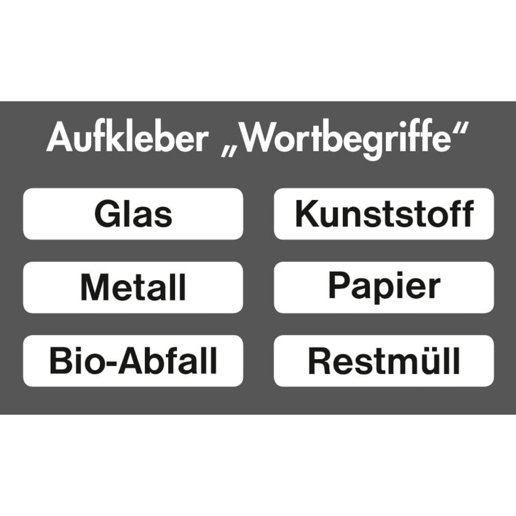 Aufkleber-Set mit Beschriftung für stumpf® Wertstoffsammler, rechteckig, wasserfest, 6 Stk/VE Produktabbildung: Aufkleber-Set mit Beschriftung für stumpf® Wertstoffsammler, rechteckig, wasserfest, 6 Stk/VE