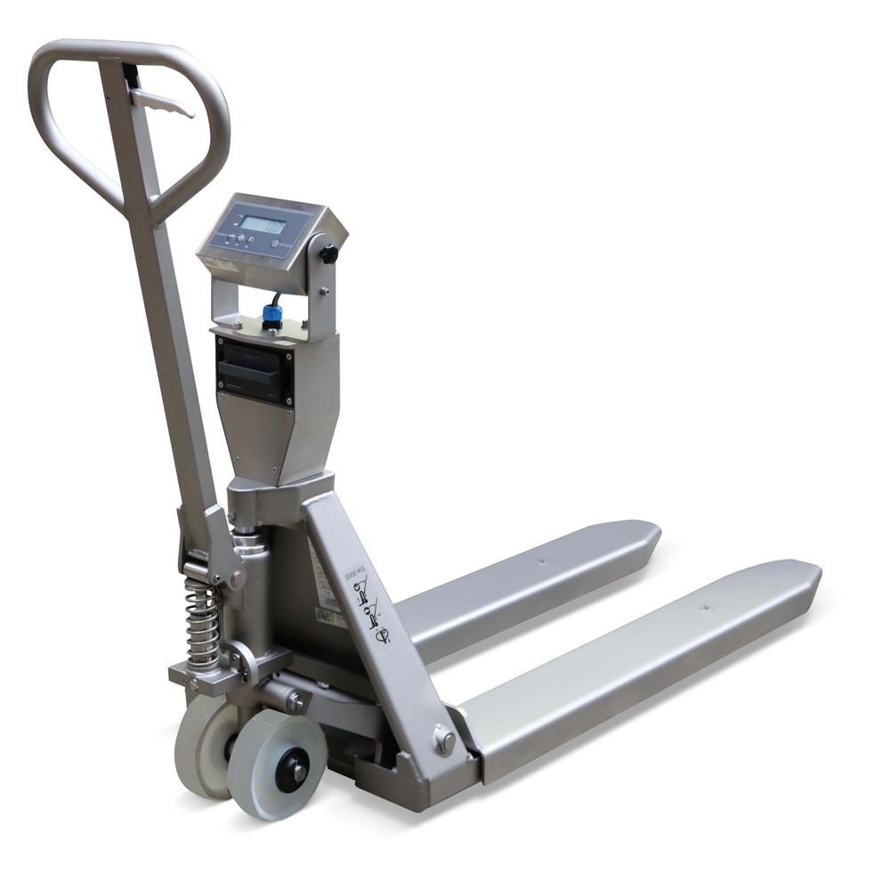 Produktabbildung: B-Ware Edelstahl-Wiege-Hubwagen INOX PRO mit Mehrbereichsanzeige, TK 2.000 kg, GL 1.150 mm, Polyamid, Tandemrollen