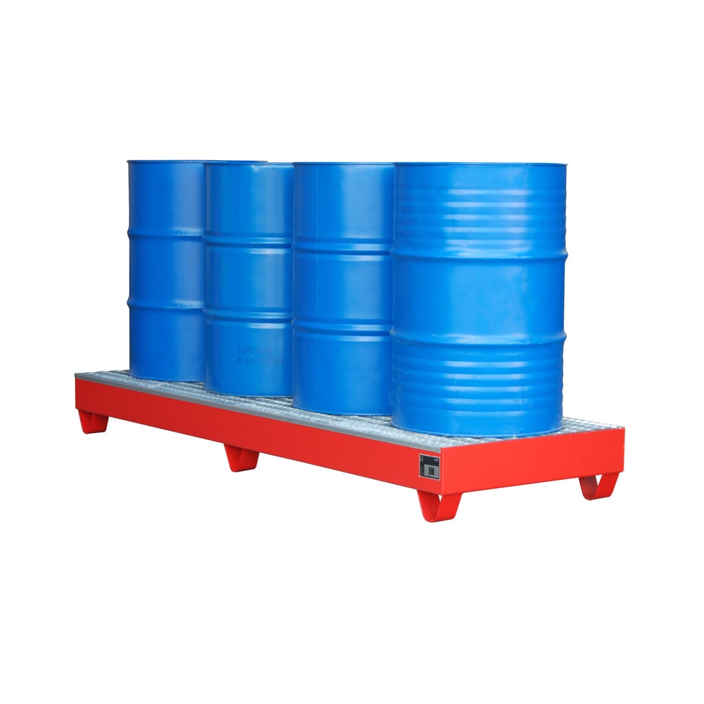 Bauer® Auffangwanne aus Stahl, Unterfahrhöhe 100 mm, HxBxT 250 x 2.400 x 800 mm, inkl. Gitterrost, 4x 200 l, feuerrot Produktabbildung: Bauer® Auffangwanne aus Stahl, Unterfahrhöhe 100 mm, HxBxT 250 x 2.400 x 800 mm, inkl. Gitterrost, 4x 200 l, feuerrot