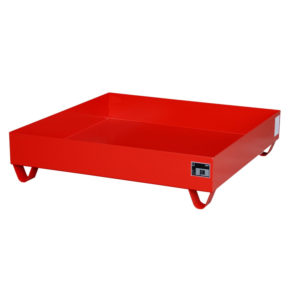 Produktabbildung: Bauer® Auffangwanne aus Stahl, Unterfahrhöhe 100 mm, HxBxT 285 x 1.200 x 1.200 mm, ohne Gitterrost, 4x 200 l, feuerrot