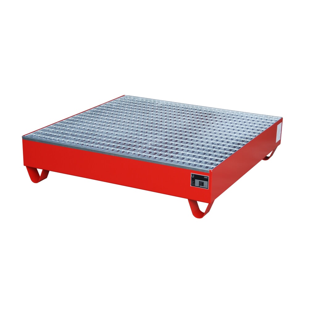 Bauer® Auffangwanne aus Stahl, Unterfahrhöhe 100 mm, HxBxT 285 x 1.200 x 1.200 mm, inkl. Gitterrost, 4x 200 l, feuerrot Produktabbildung: Bauer® Auffangwanne aus Stahl, Unterfahrhöhe 100 mm, HxBxT 285 x 1.200 x 1.200 mm, inkl. Gitterrost, 4x 200 l, feuerrot