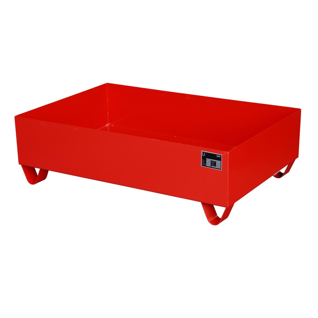 Produktabbildung: Bauer® Auffangwanne aus Stahl, Unterfahrhöhe 100 mm, HxBxT 360 x 1.200 x 800 mm, ohne Gitterrost, 2x 200 l, feuerrot