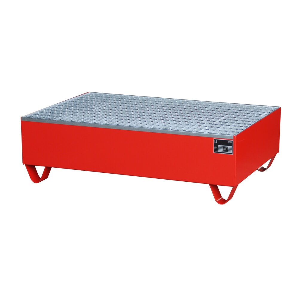 Bauer® Auffangwanne aus Stahl, Unterfahrhöhe 100 mm, HxBxT 360 x 1.200 x 800 mm, inkl. Gitterrost, 2x 200 l, feuerrot Produktabbildung: Bauer® Auffangwanne aus Stahl, Unterfahrhöhe 100 mm, HxBxT 360 x 1.200 x 800 mm, inkl. Gitterrost, 2x 200 l, feuerrot